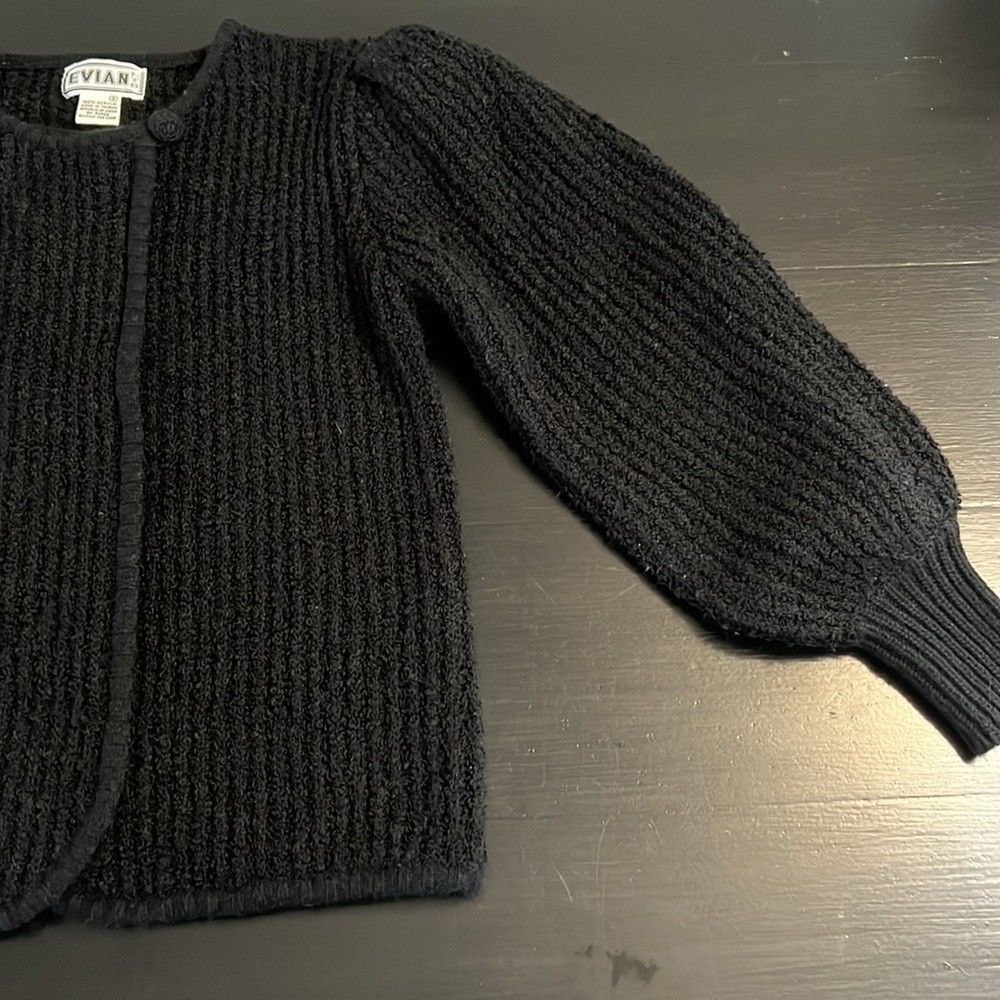 Vintage Evian Black Textured Cardigan Puff Sleeve Ribbed Knit Sweater Small - Picture 3 of 7